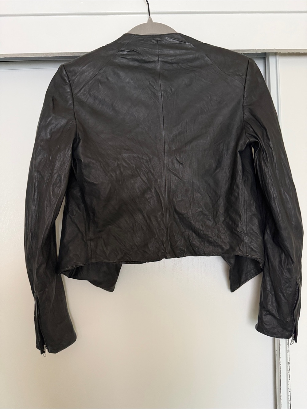 Theory Black Leather Draped Open-Front Jacket - Picture 4 of 7